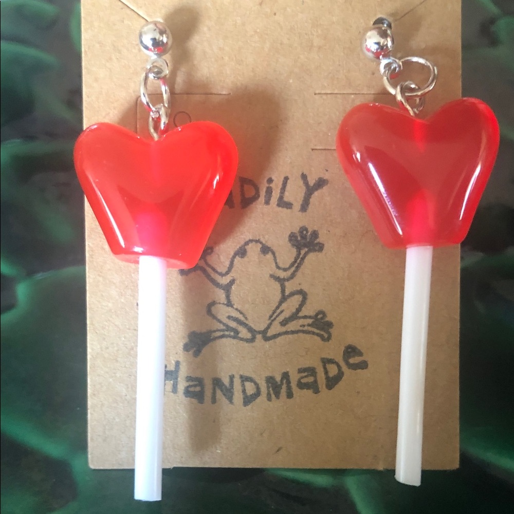 Handmade Red Heart Lollipop Earrings